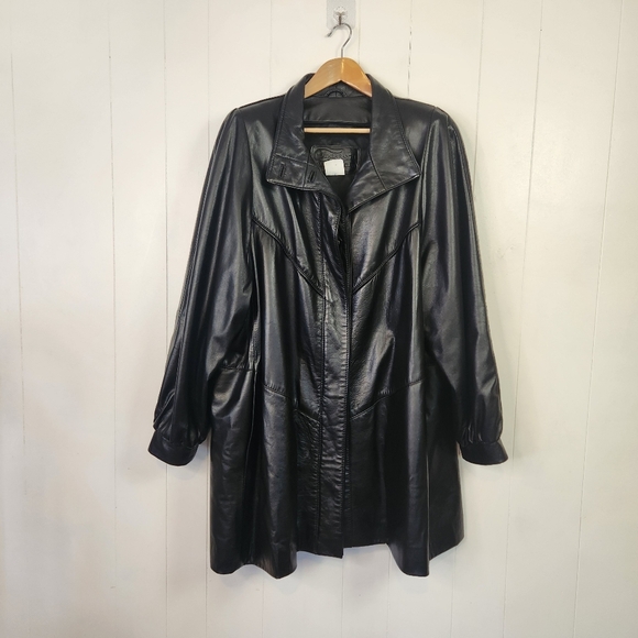 Vintage Black Leather Coat Jacket Midi 90s 1990s Womens Size 1X Loose Oversized - Picture 2 of 15